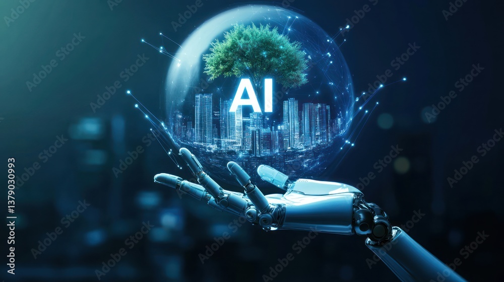 Obraz premium Robotic hand holds AI sphere with city and tree, futuristic concept