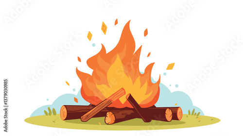 Cartoon bonfire with flames and logs on grass background