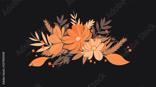 Autumn floral design with orange and beige blooms on dark background