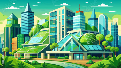 Green and glass environmentally friendly urban architecture for sustainability in city center downtown.