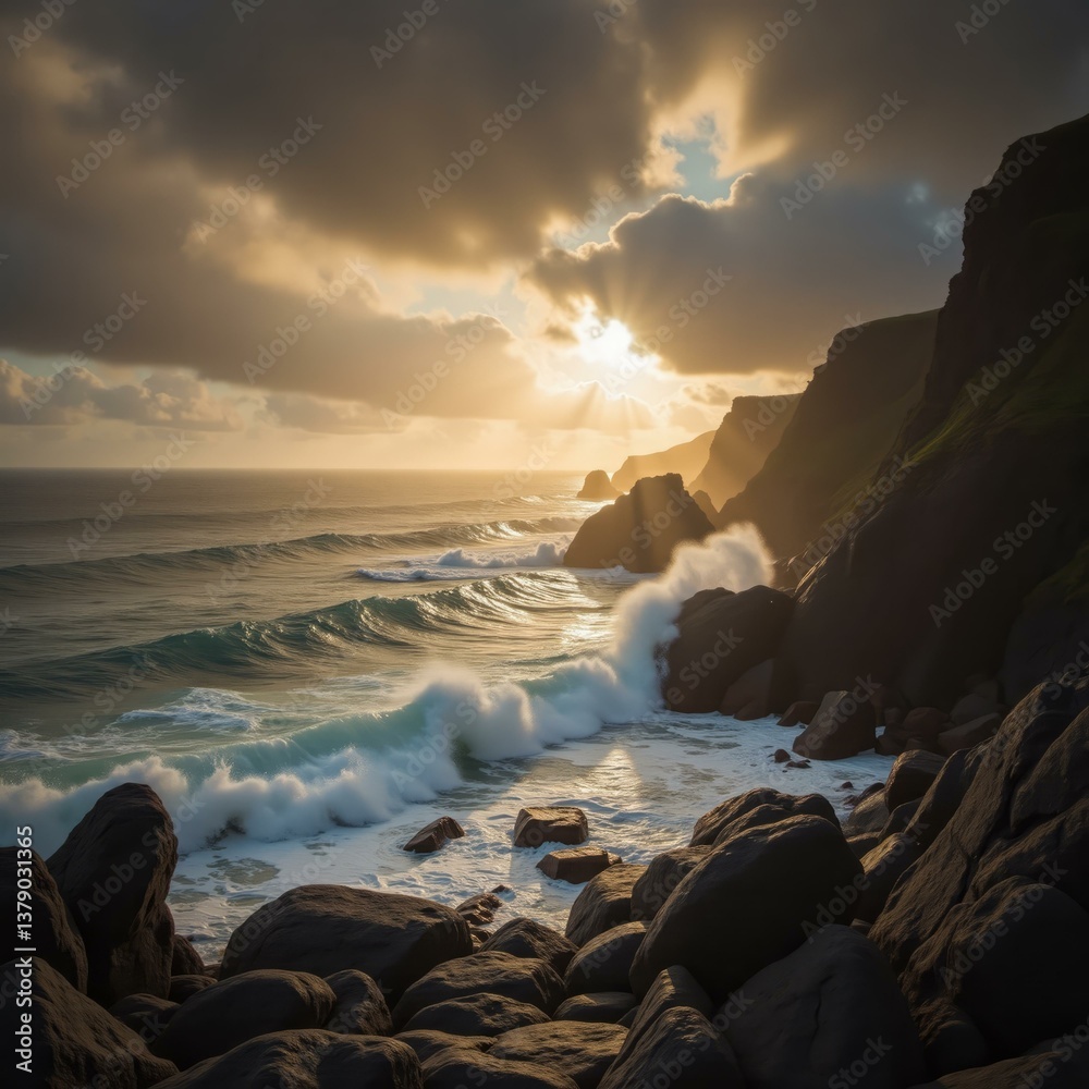 Obraz premium Dramatic Rocky Coastline – Powerful Waves Crashing Against Jagged Cliffs During Golden Hour for Stormy Beach Photography and Rainy Season Travel Content