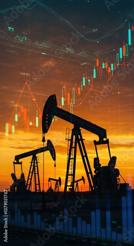 Oil industry and market analysis at sunset with pump jacks and stock charts