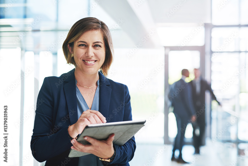 Business woman, portrait and tablet for communication, reading email and networking in office. Financial advisor lady, face smile and tech for economy news, investment feedback and online search Business woman, portrait and tablet for communication, reading email and networking in office. Financial advisor lady, face smile and tech for economy news, investment feedback and online search