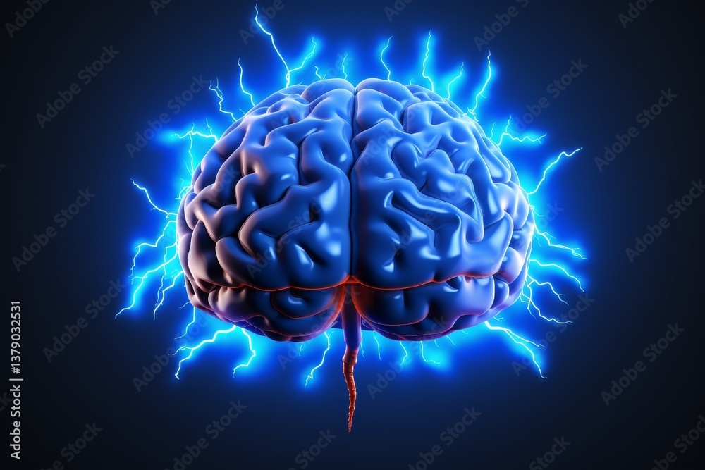 Digital illustration of an isolated human brain with electrical activity on a blue background Digital illustration of an isolated human brain with electrical activity on a blue background