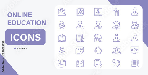 Online education icons set vector illustration for digital learning and e learning platform design asset