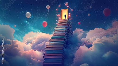 Man on book stairs to starry sky; inspirational image; dreams, knowledge