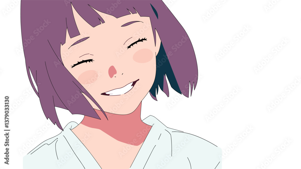 Happy anime girl with short purple hair and bright smile Happy anime girl with short purple hair and bright smile
