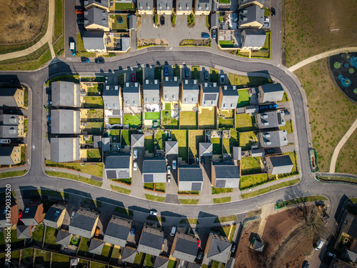 Aerial view directly above a new build housing estate in the suburbs