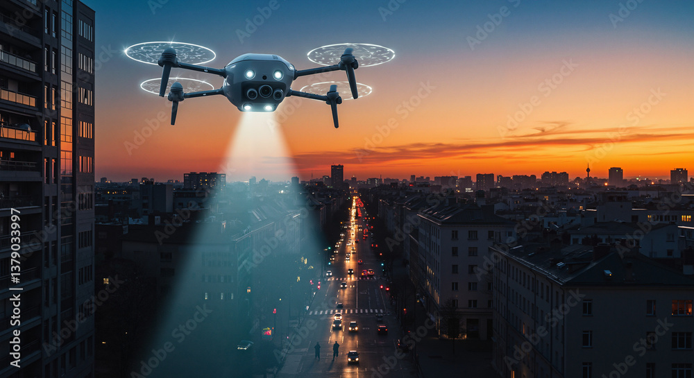 Drone flying over a city at sunset with spotlight illuminating street Drone flying over a city at sunset with spotlight illuminating street