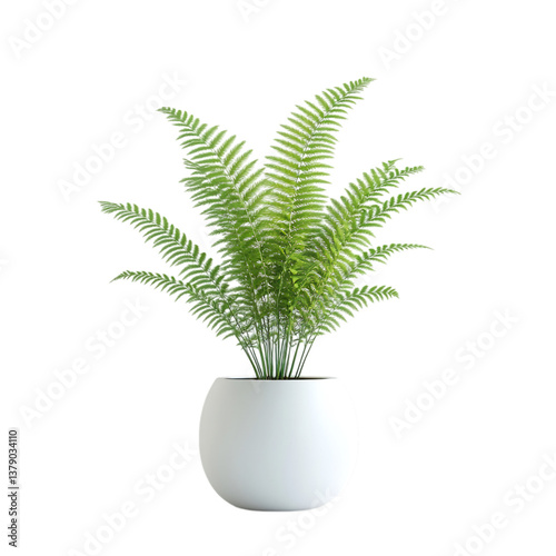 3D Fern Plant with Delicate Leaves in White Pot Isolated on Transparent Background