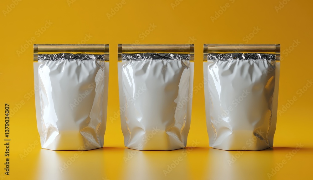 Three White Plastic Pouches With Gold Zippers On Yellow Background Three White Plastic Pouches With Gold Zippers On Yellow Background
