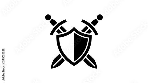Shield and Swords Emblem: A powerful emblem featuring two crossed swords behind a sturdy shield, symbolizing protection, strength, and conflict resolution in a clean, bold design.