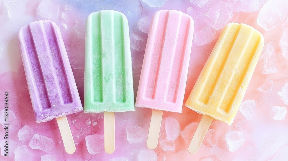 Pastel colored ice cream popsicles nestled on crushed ice, representing summer coolness and sweet frozen delicacy with soft, tempting hues Pastel colored ice cream popsicles nestled on crushed ice, representing summer coolness and sweet frozen delicacy with soft, tempting hues