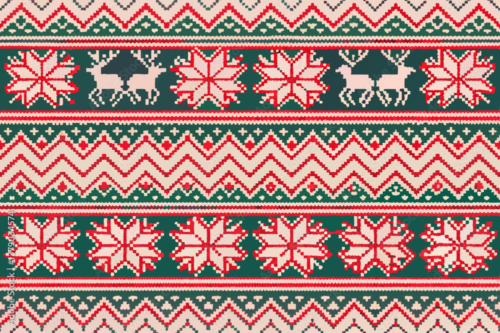 Christmas Fair Isle Knit Pattern Reindeer, Snowflakes, and Zigzags Christmas Fair Isle Knit Pattern Reindeer, Snowflakes, and Zigzags