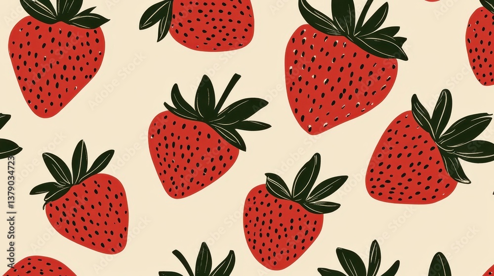 Vivid red strawberries densely covering light yellow surface, revealing plump seeds and verdant leaves in seamless, joyful pattern design Vivid red strawberries densely covering light yellow surface, revealing plump seeds and verdant leaves in seamless, joyful pattern design