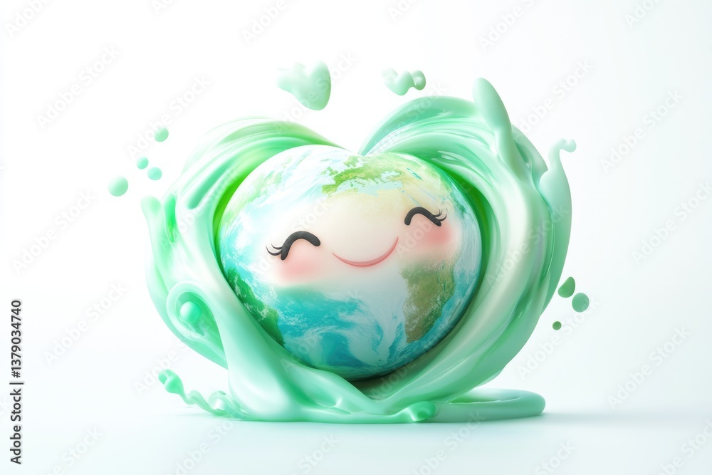 A happy Earth nestled in a heart-shaped green liquid, symbolizing environmental love and care. A happy Earth nestled in a heart-shaped green liquid, symbolizing environmental love and care.