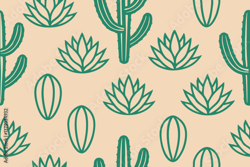 Desert Botanical Seamless Pattern Cacti, Agave, Teal, Beige, Line Art