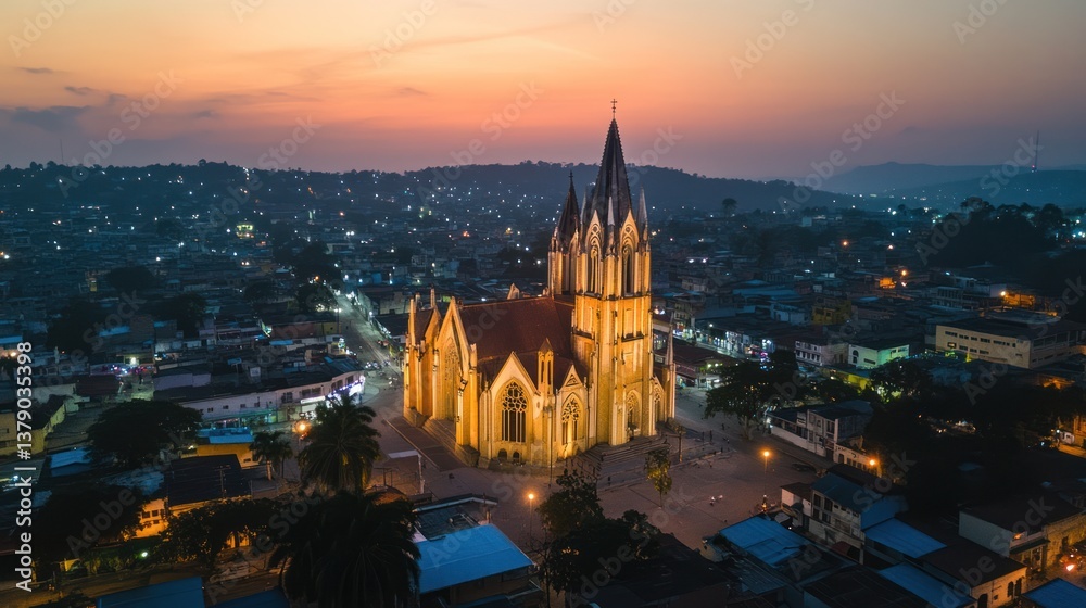 Aerial view of a brightly illuminated church at dusk Aerial view of a brightly illuminated church at dusk