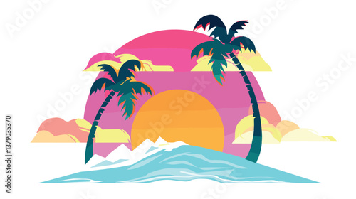 Tropical sunset with palm trees and vibrant ocean waves