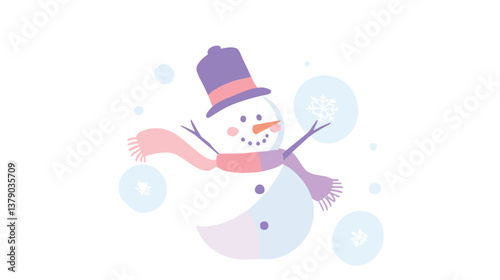 Whimsical snowman with hat and scarf on winter background