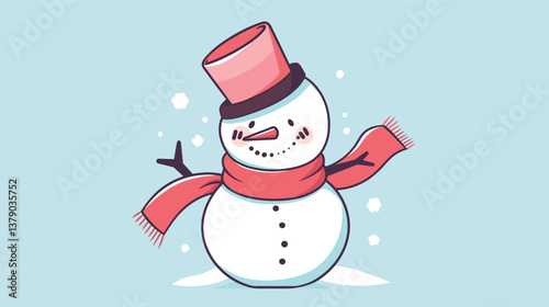 Cheerful snowman with pink hat and scarf on a winter day