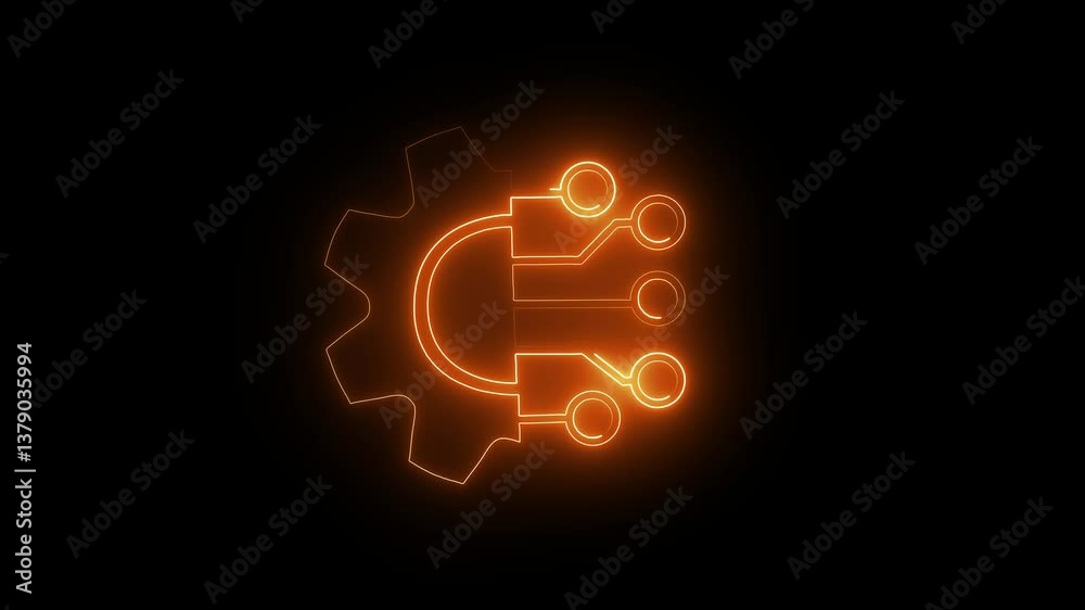 Glowing neon line gear and networking system icon animation with blue color on black background. Glowing neon line gear and networking system icon animation with blue color on black background.