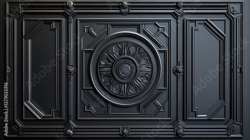 Elegant black wall paneling with intricate recessed sections and symmetrical geometric details.