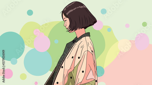 Asian young female in colorful abstract background with short hair illustration