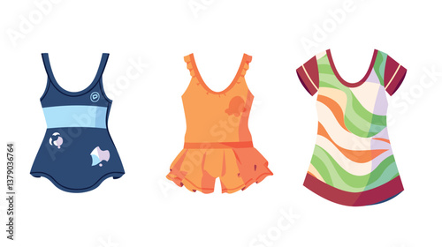 Colorful swimsuits collection: blue, orange ruffled, and multicolored patterned designs