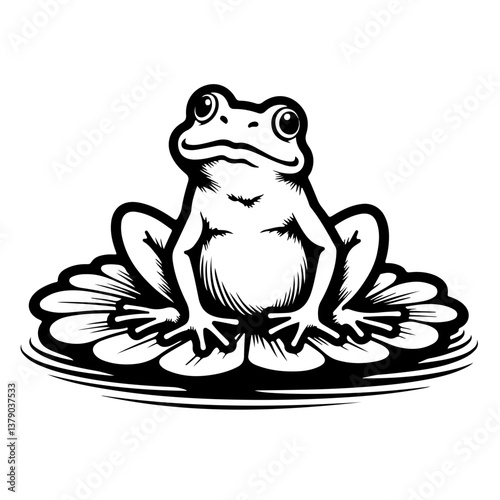 Frog sitting on lily pad icon in sketch style as concept of nature wildlife biology pond amphibians ecosystem illustration and children’s stories