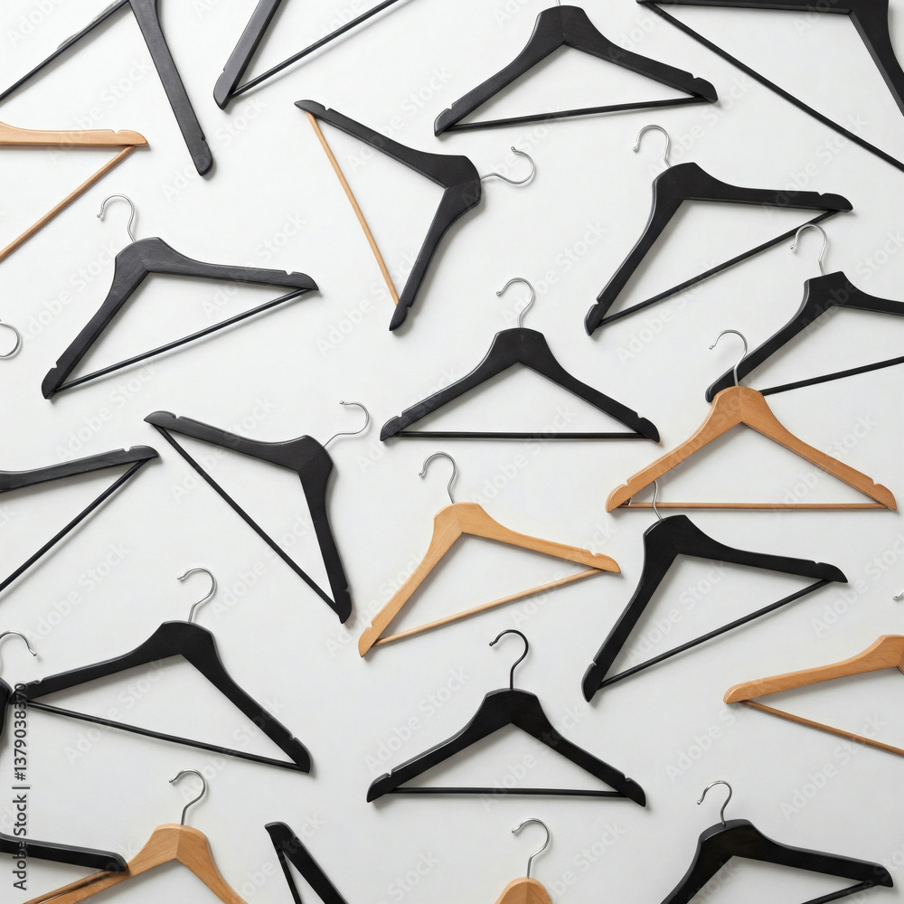 Clothes hangers on white background. Flat lay, top view. Clothes hangers on white background. Flat lay, top view.