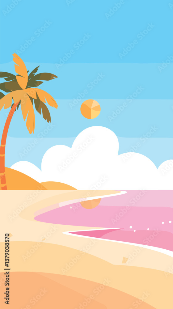 Tropical beach with palm tree and pink water under bright sun Tropical beach with palm tree and pink water under bright sun