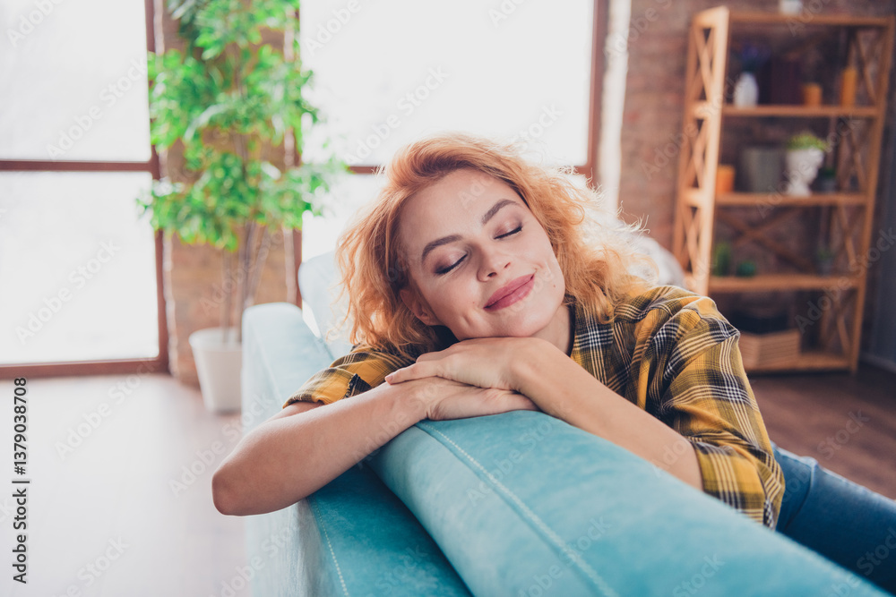 Naklejka premium Photo of attractive young blonde woman sit couch sleepy relax dressed yellow plaid outfit cozy day light home interior living room