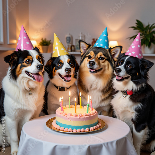 Grupo de hermosos perros celebran juntos en una reunión con pastel y ambiente festivo.