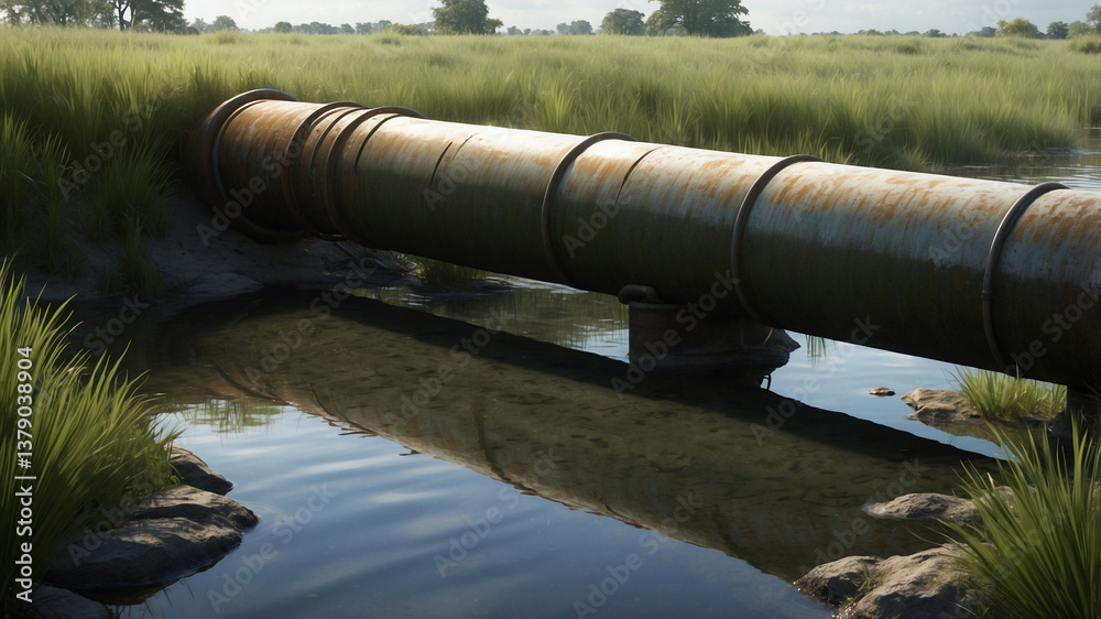 Rusted Metal Pipe Discharging Water into Shallow Stream in Lush Wetland Environment Rusted Metal Pipe Discharging Water into Shallow Stream in Lush Wetland Environment