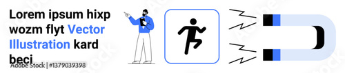 Magnet attracting figure in motion while professional observes notes. Ideal for motivation, attraction, energy, productivity, focus, leadership, simple landing page