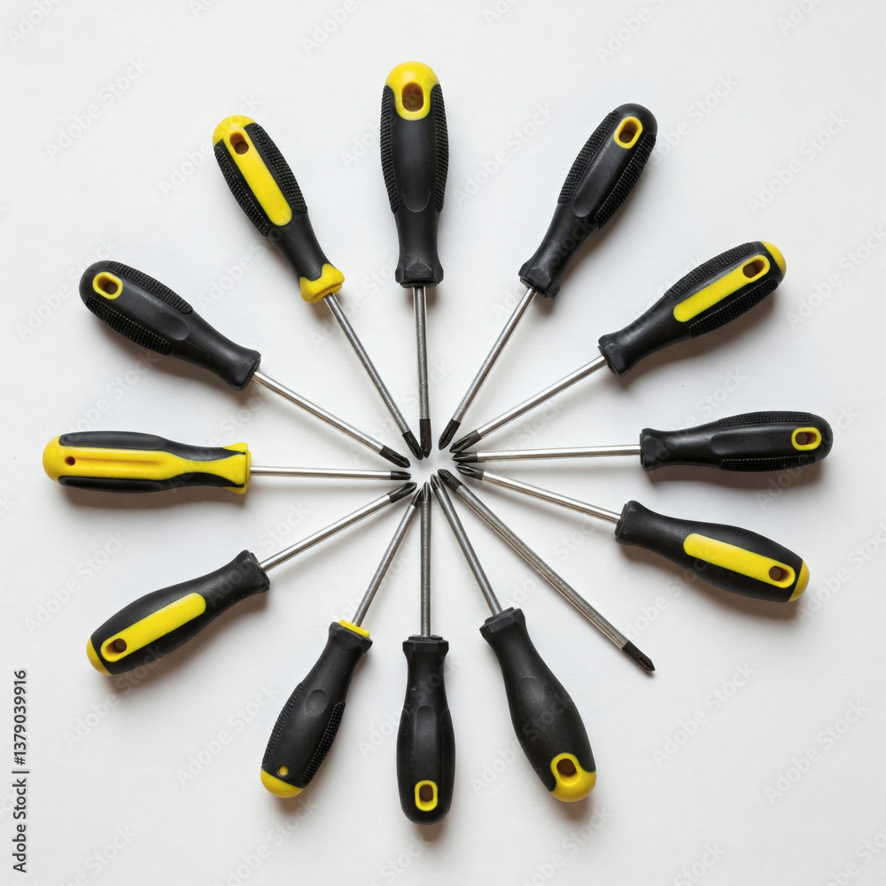 Flat lay of screwdrivers on white background, top view. Flat lay of screwdrivers on white background, top view.