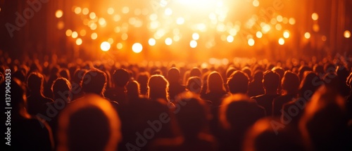 A crowd is illuminated under warm, golden lights in an auditorium, creating an atmosphere of excitement and anticipation.