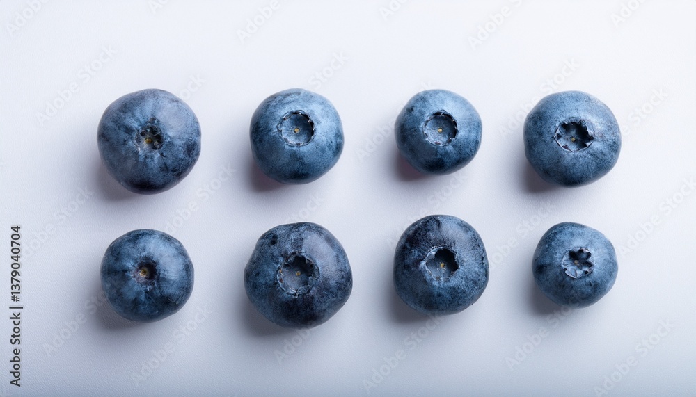 looking down blueberries, birds-eye, studio lighting, flat plain white background looking down blueberries, birds-eye, studio lighting, flat plain white background