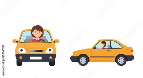 Car with driver woman  flat design illustration isolated on white background 