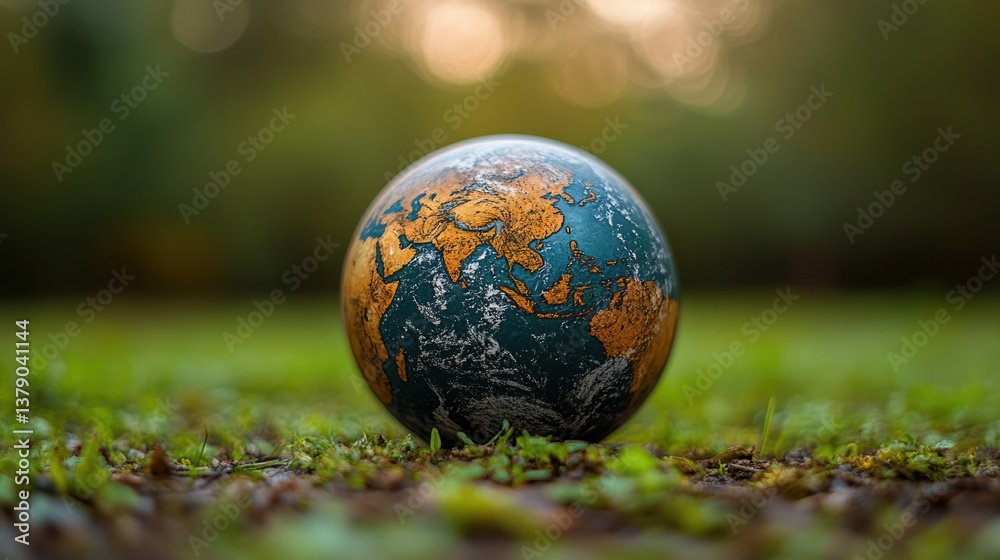 Earth globe on grass, serene outdoor setting Earth globe on grass, serene outdoor setting