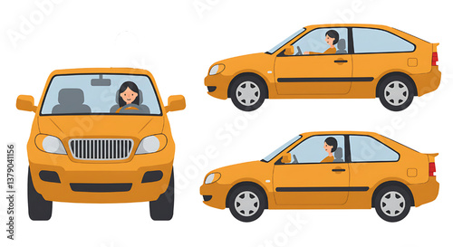 Car with driver woman flat design illustration isolated on white background 