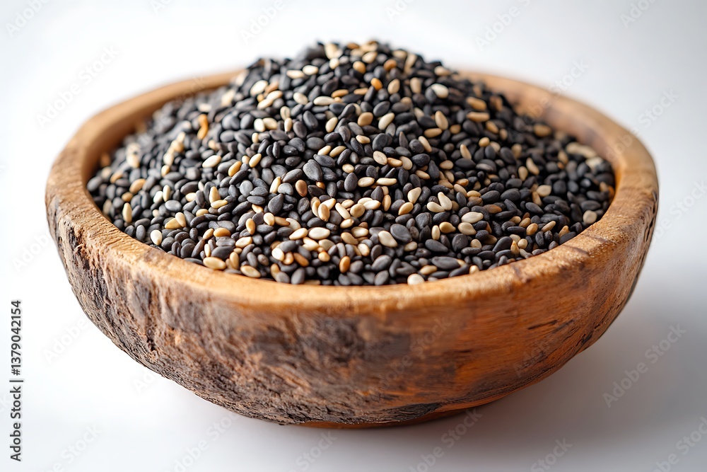 A rustic wooden bowl with a heaping portion of black organic sesame seeds, sharp textures, ultra-HD, isolated on solid white background. A rustic wooden bowl with a heaping portion of black organic sesame seeds, sharp textures, ultra-HD, isolated on solid white background.