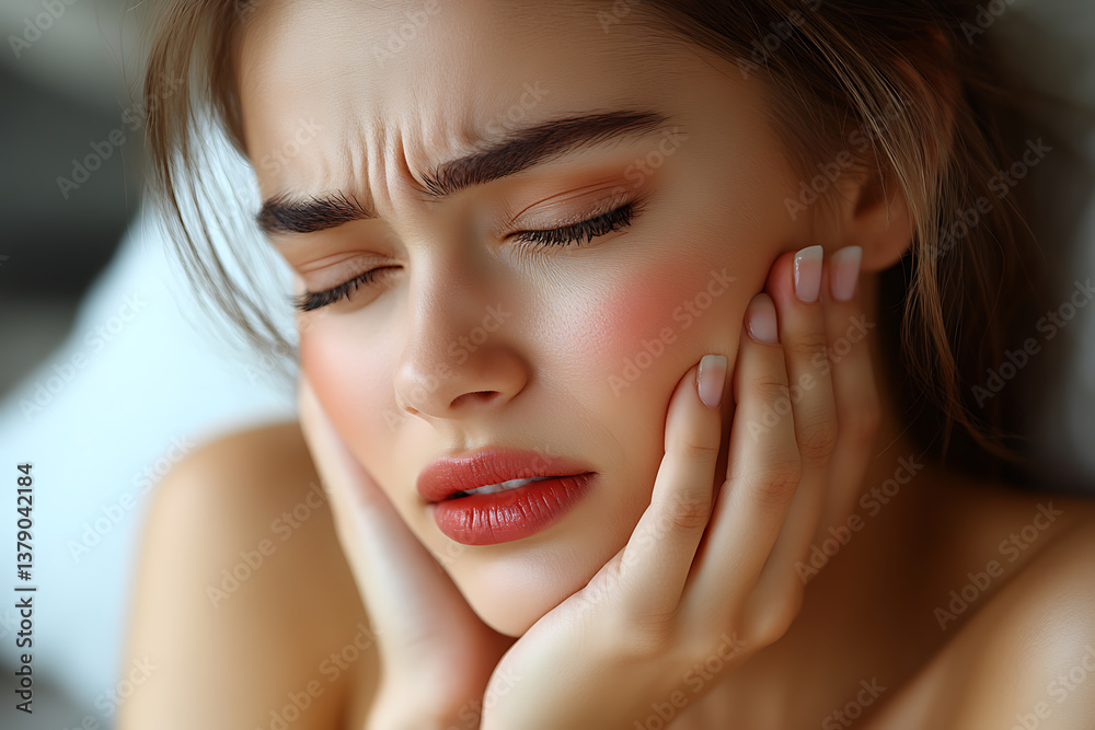 Realistic image of a person gently holding their painful cheek, clearly expressing a toothache. Realistic image of a person gently holding their painful cheek, clearly expressing a toothache.