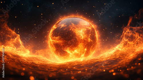 Fiery glowing planet suspended in cosmic space with flame waves beneath starry background. Concept of universe, astronomy, and cosmic energy