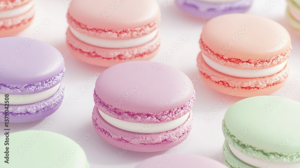 Obraz premium A cluster of macaroons arranged on a white table with frosting as the background
