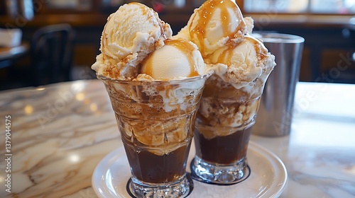 Coffee ice cream dessert, cafe interior, marble table