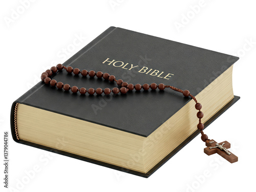 closed bible with a rosary with a cross on a transparent background
