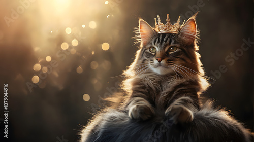 A cat with a crown sits majestically around