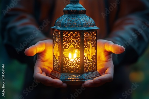 Holding a Decorative Lantern That Glows Warmly in an Outdoor Setting at Dusk